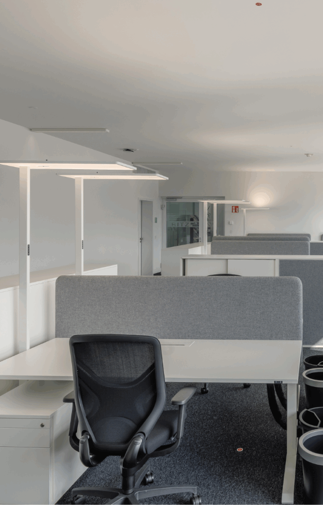 Mehrere Arbeitsplätze im Open Space mit grauen Trennwänden, ergonomischen Stühlen und Blick auf eine Glastür mit RITZ-Schriftzug.