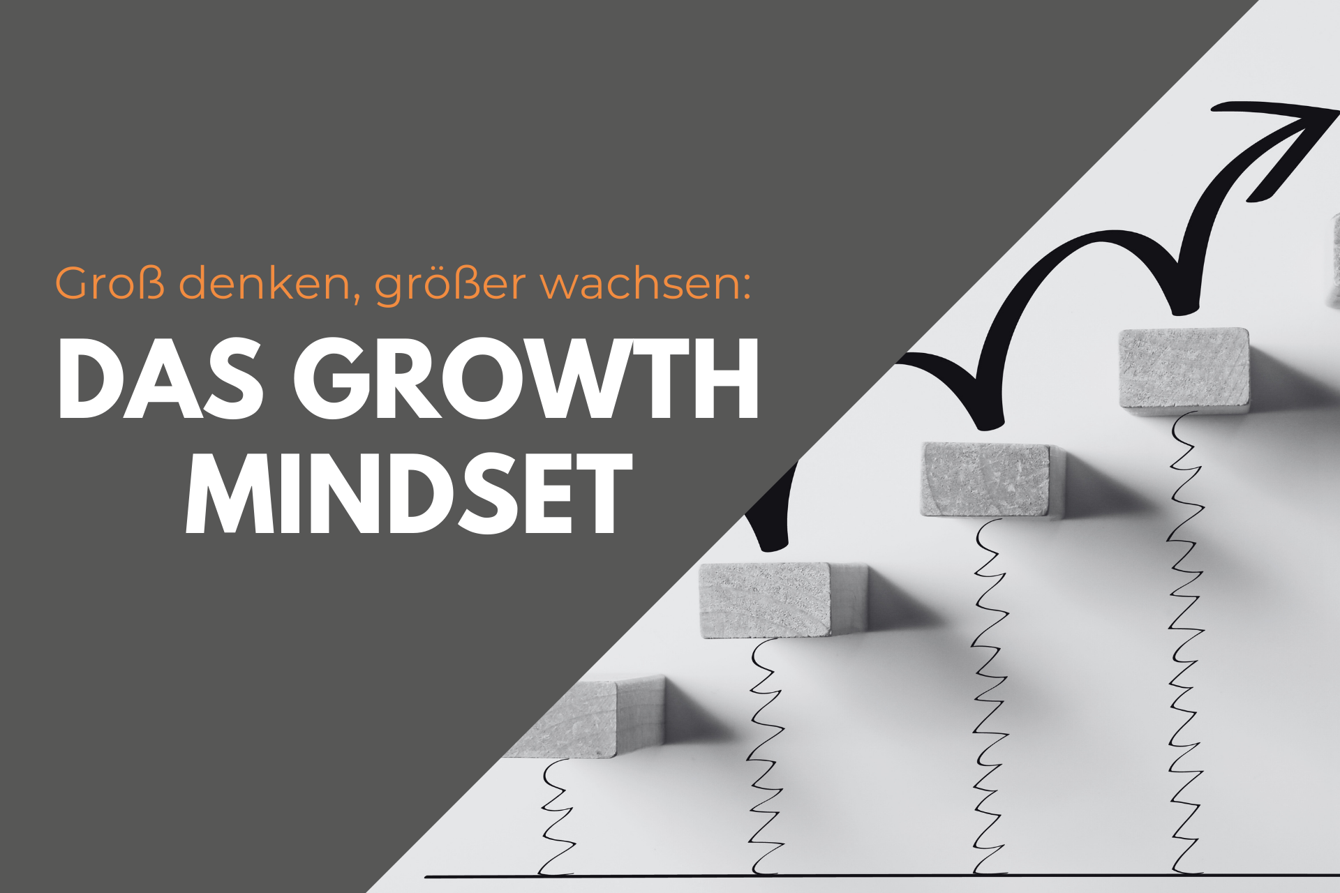 Grafik mit dem Text „Groß denken, größer wachsen: Das Growth Mindset“, daneben aufsteigende Blöcke mit Pfeil nach oben – Symbol für persönliches Wachstum.