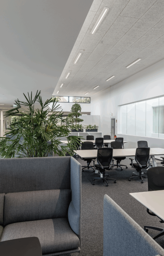 Moderner Coworking-Bereich mit Sofaecken, ergonomischen Bürostühlen, großen Schreibtischen, Raumteilern und viel Grün durch große Pflanzen im Vorder- und Hintergrund