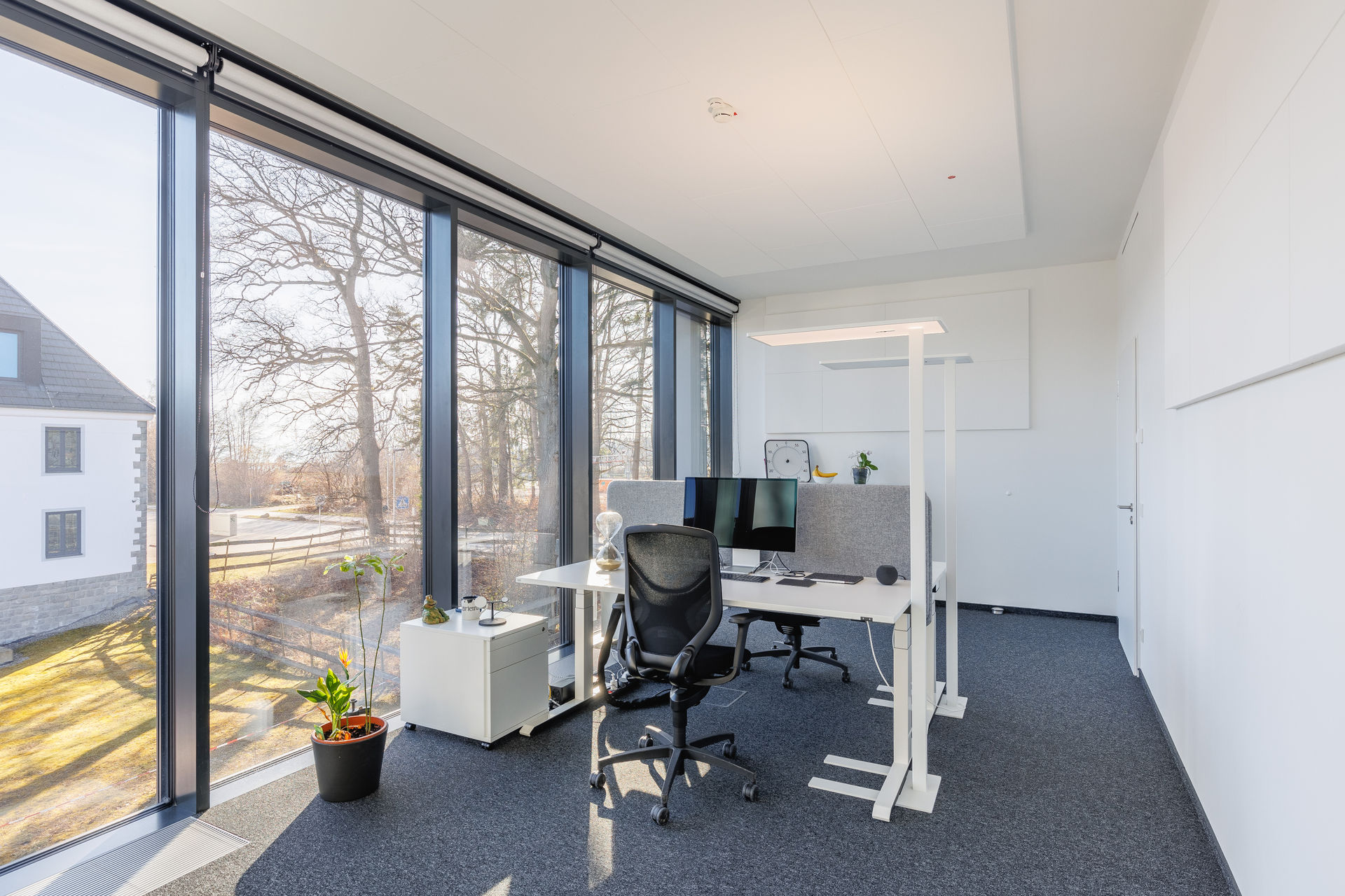 Helles Einzelbüro im RITZ mit bodentiefen Fenstern und Ausblick ins Grüne. Ausgestattet mit höhenverstellbarem Schreibtisch, ergonomischem Bürostuhl, grauer Akustiktrennwand, zwei Monitoren und moderner Stehleuchte. Dezente Pflanzen sorgen für eine freundliche Arbeitsatmosphäre.