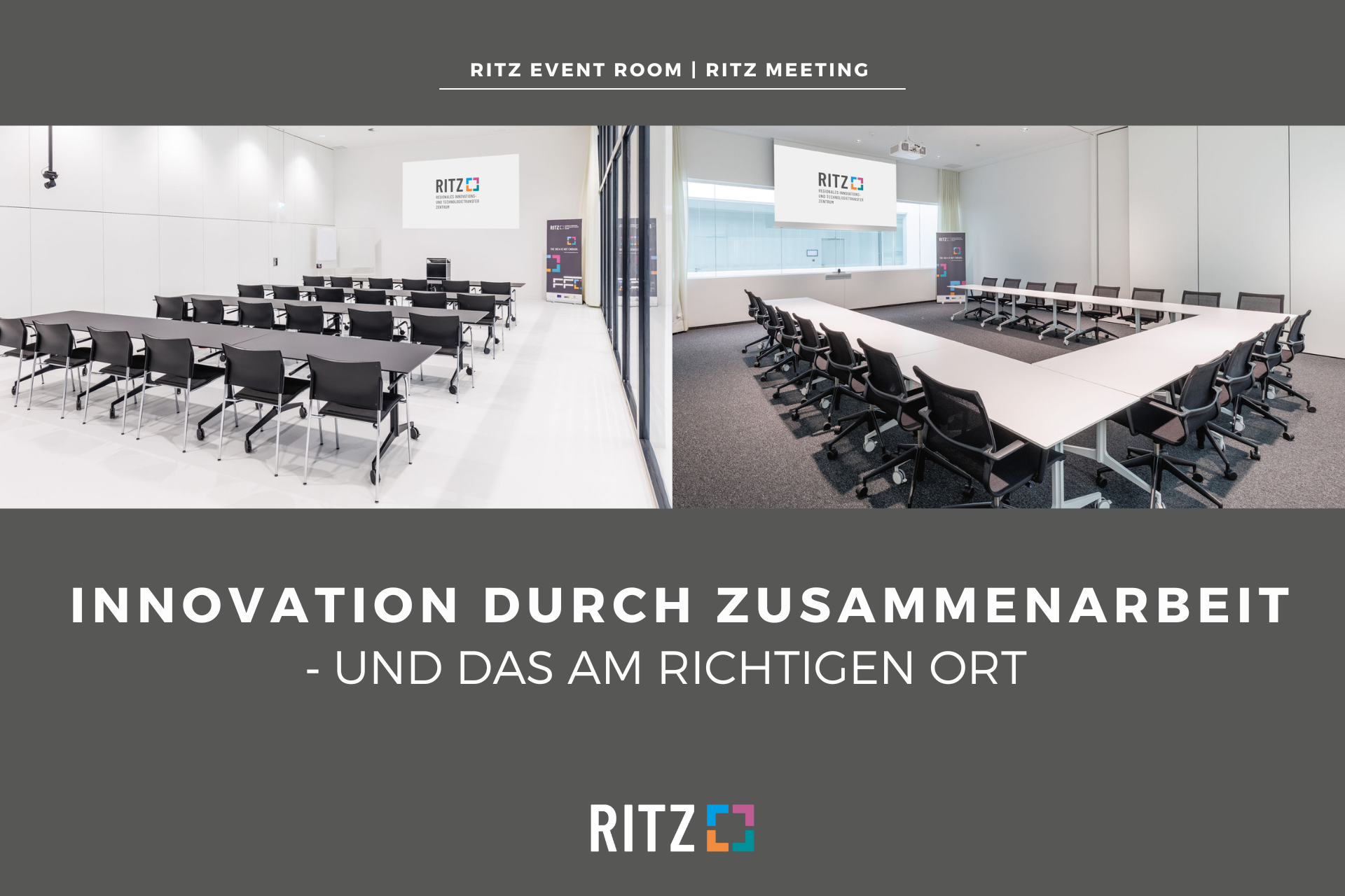 Zwei moderne Konferenzräume im RITZ Innovationszentrum, ausgestattet mit Tischen und Stühlen in unterschiedlicher Anordnung – links klassisch frontal, rechts in U-Form. Darüber der Slogan: ‚INNOVATION DURCH ZUSAMMENARBEIT – UND DAS AM RICHTIGEN ORT‘.