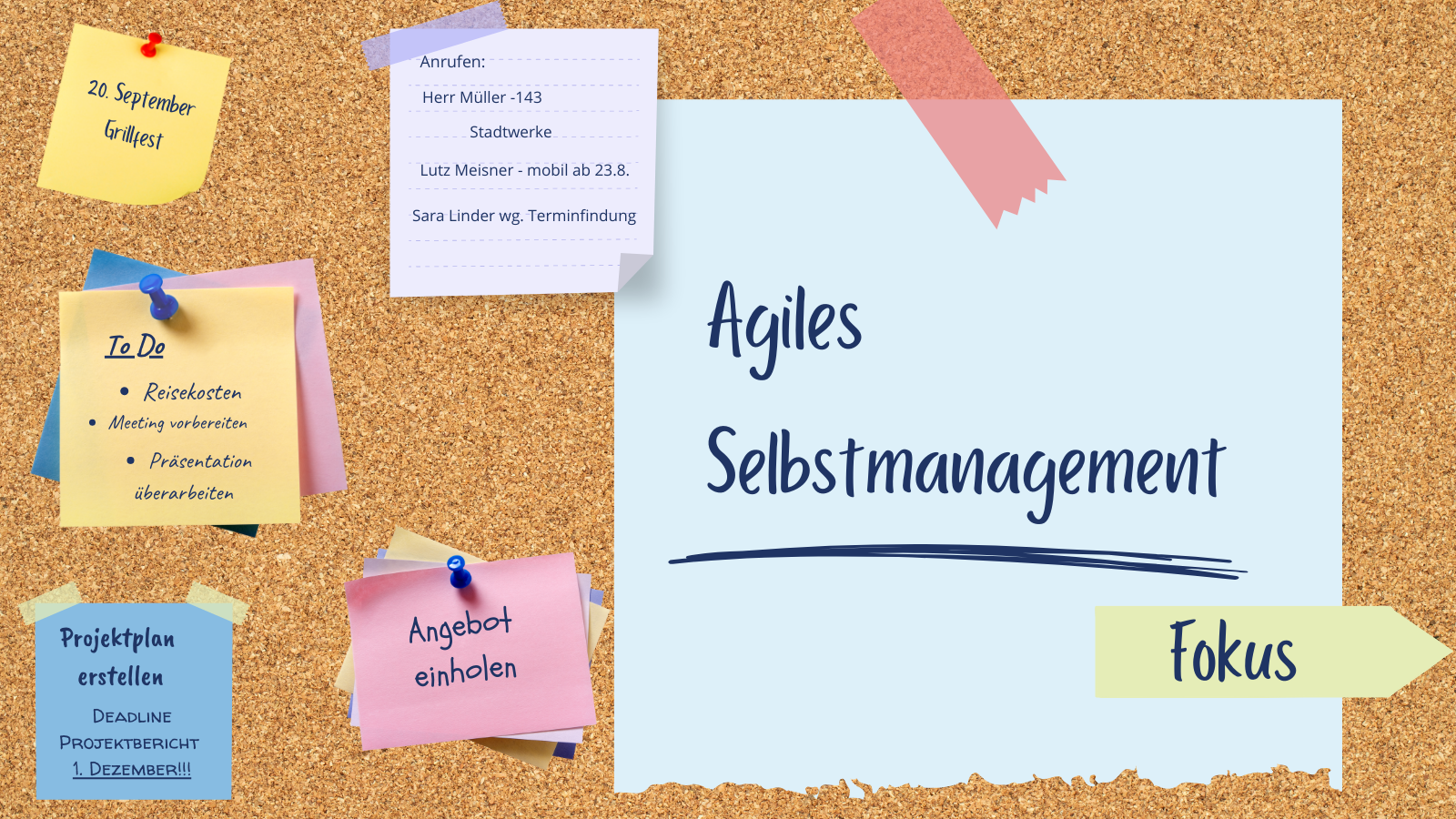 Digitale Pinnwand mit vielen Notizzetteln: In der Mitte ein großer hellblauer Zettel mit dem Titel „Agiles Selbstmanagement“, befestigt mit rosa Tape. Rechts unten ein hellgelber Pfeil mit dem Stichwort „Fokus“. Drumherum verteilt: ein gelber Zettel mit „20. September Grillfest“, eine To-Do-Liste (Reisekosten, Meeting vorbereiten, Präsentation überarbeiten), ein blauer Zettel mit Projektplan-Deadline, ein rosa Zettel mit „Angebot einholen“ und ein lila Zettel mit Anruf-Notizen (Herr Müller, Stadtwerke, Lutz Meisner, Sara Linder).