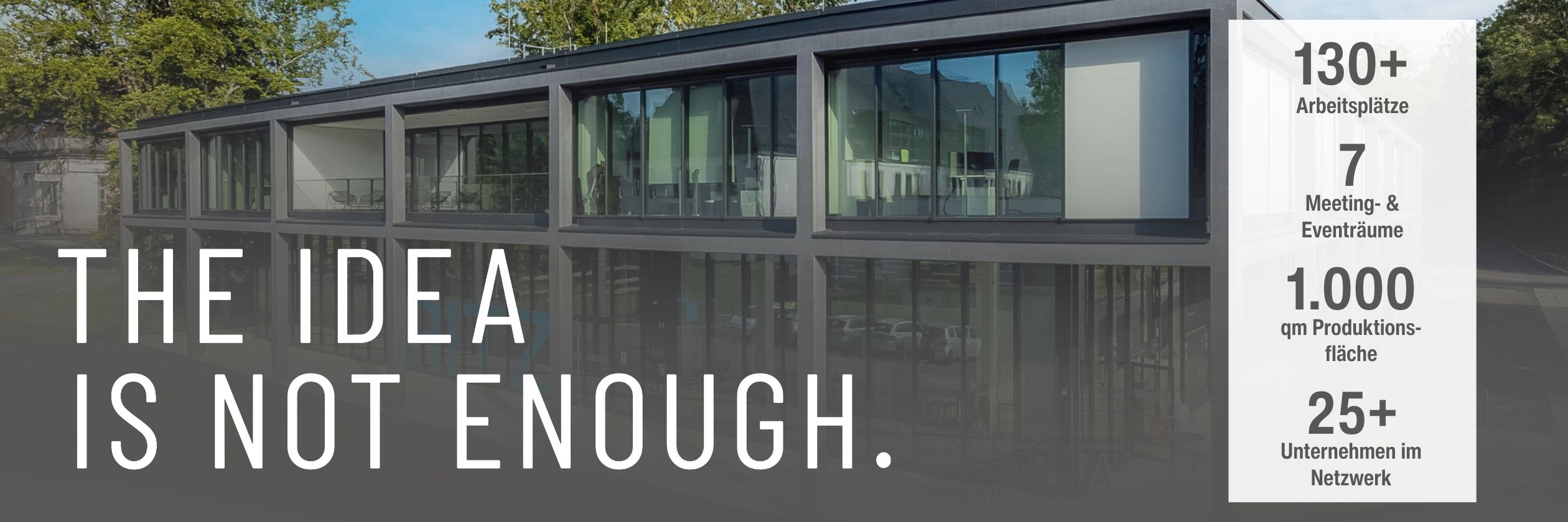 RITZ-Gebäude mit Slogan „The idea is not enough“ und Kennzahlen zu Arbeitsplätzen, Flächen und Netzwerk.
